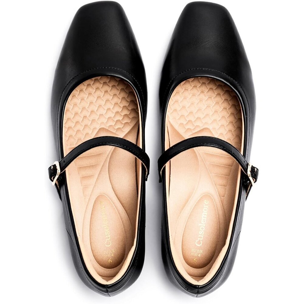 Women Black Faux Leather Arch Support and Concealed Low Wedge Heel Ballet Flats